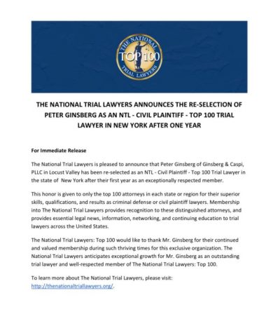 Partner Peter Ginsberg recognized once again by The National Trial Lawyers as one of the Top 100 Civil Plaintiff Trial Lawyers in New York in 2022